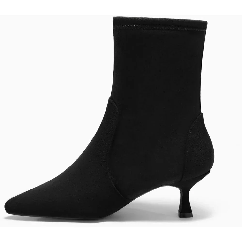 Women's Black Low Kitten Heel Ankle Shoes Pointed Toe Side Zipper Fall Booties